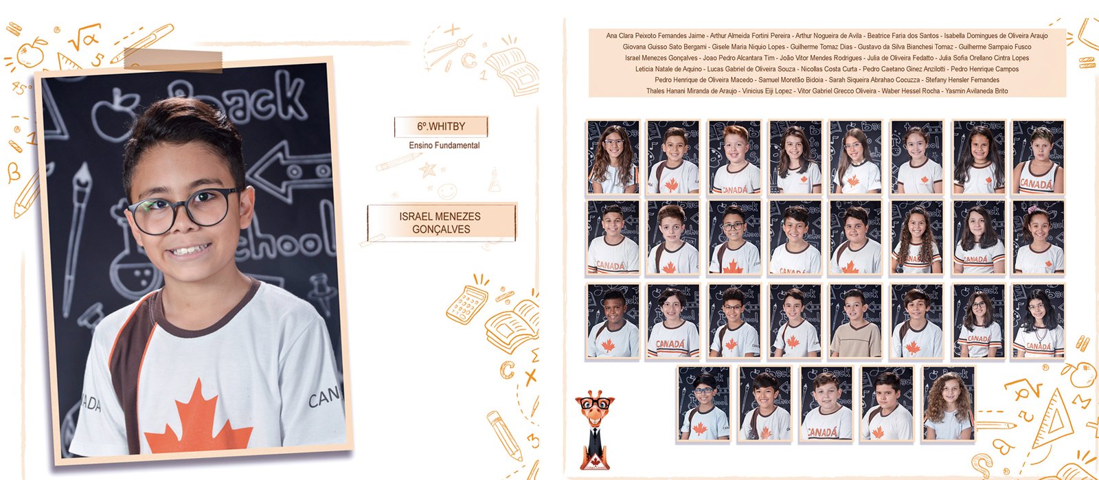 Encarte de recordação escolar com o retrato do aluno e a foto da turma